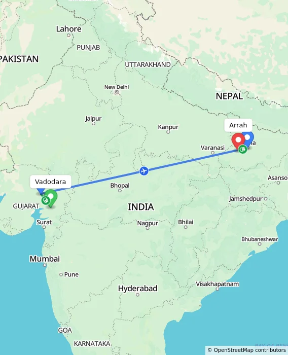 Route map showing distance and travel time from Vadodara, India to Arrah, India