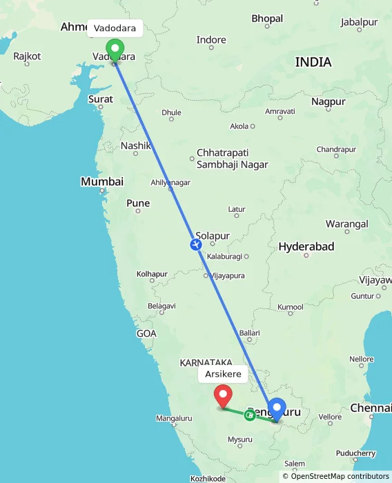 Route map showing distance and travel time from Vadodara, India to Arsikere, India