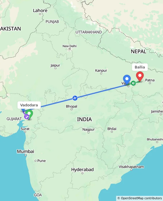 Route map showing distance and travel time from Vadodara, India to Ballia, India