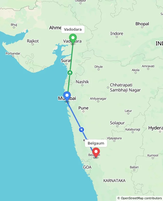 Route map showing distance and travel time from Vadodara, India to Belgaum, India