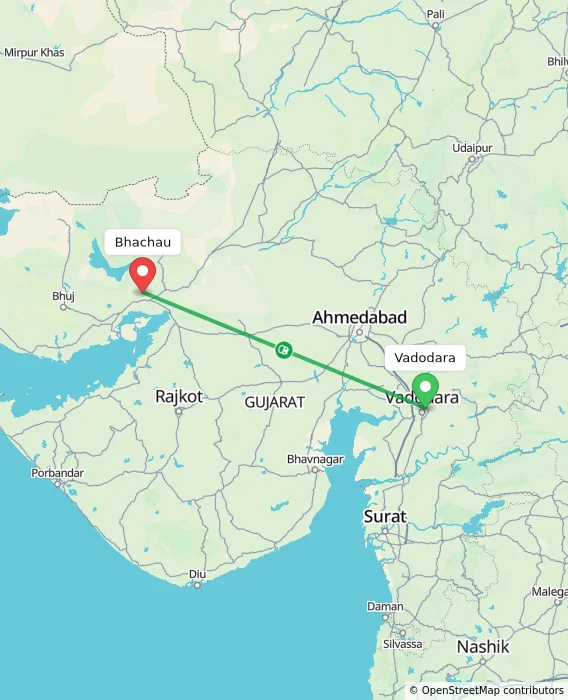 Route map showing distance and travel time from Vadodara, India to Bhachau, India