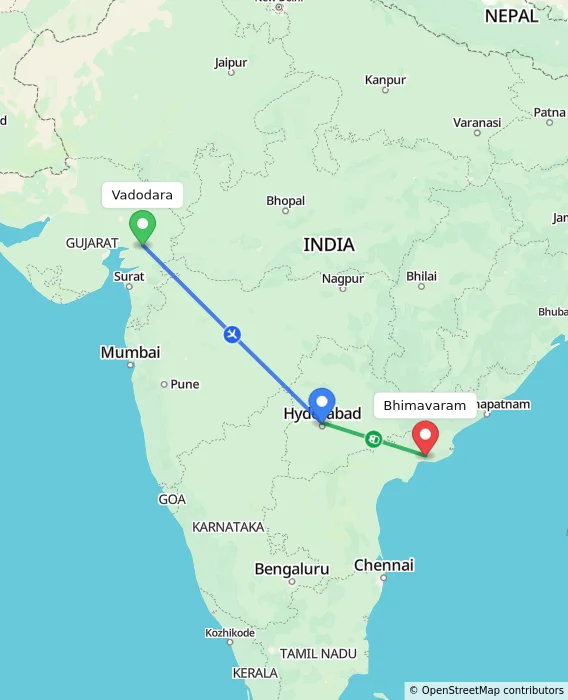 Route map showing distance and travel time from Vadodara, India to Bhimavaram, India