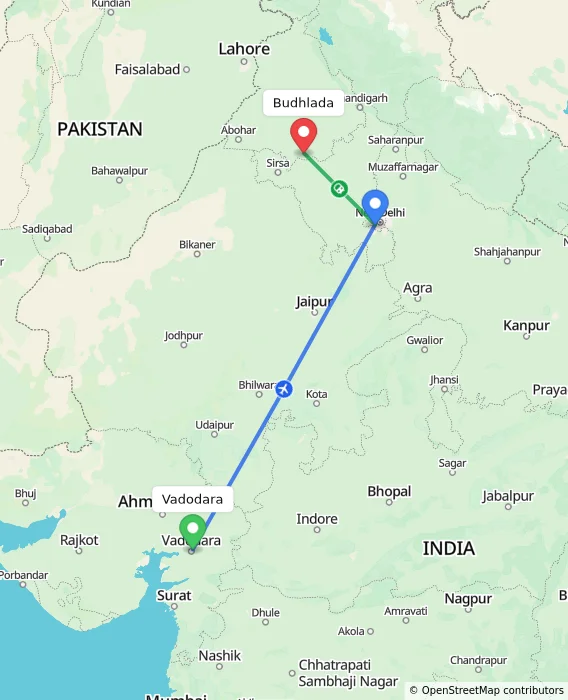 Route map showing distance and travel time from Vadodara, India to Budhlada, India