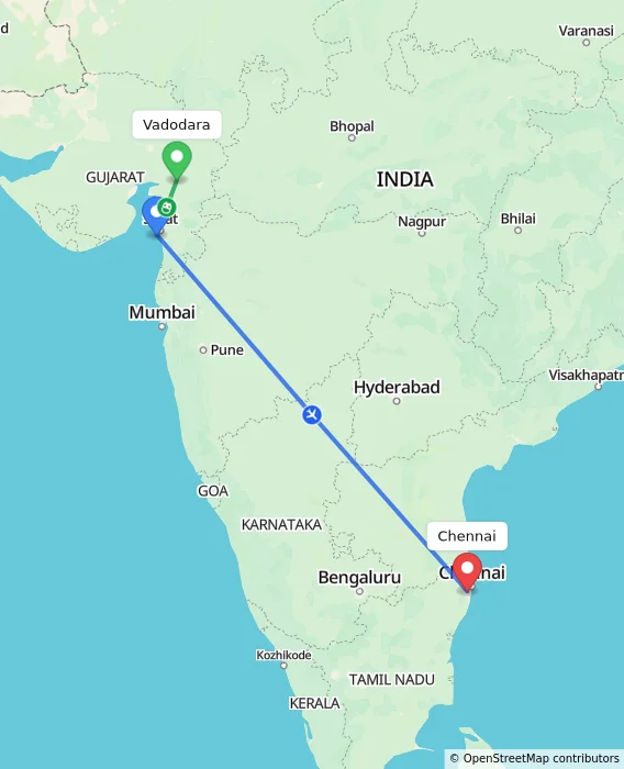 Route map showing distance and travel time from Vadodara, India to Chennai, India