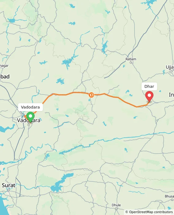 Route map showing distance and travel time from Vadodara, India to Dhar, India