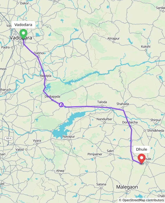 Route map showing distance and travel time from Vadodara, India to Dhule, India