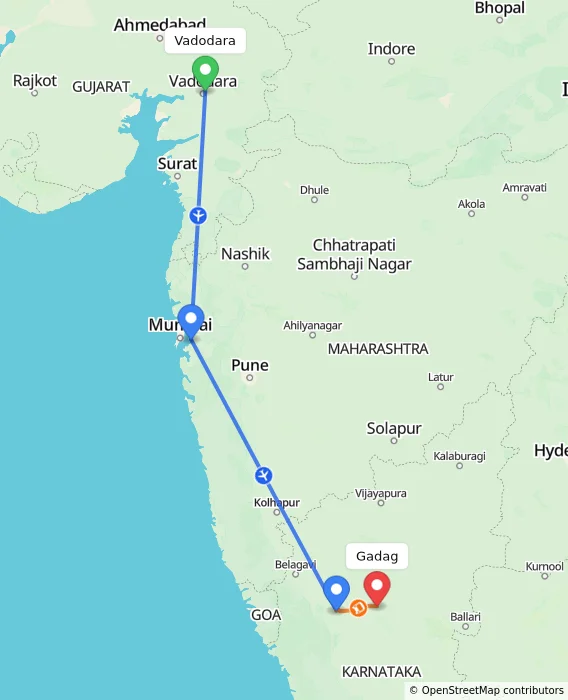 Route map showing distance and travel time from Vadodara, India to Gadag, India