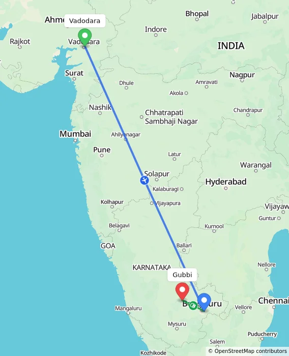 Route map showing distance and travel time from Vadodara, India to Gubbi, India