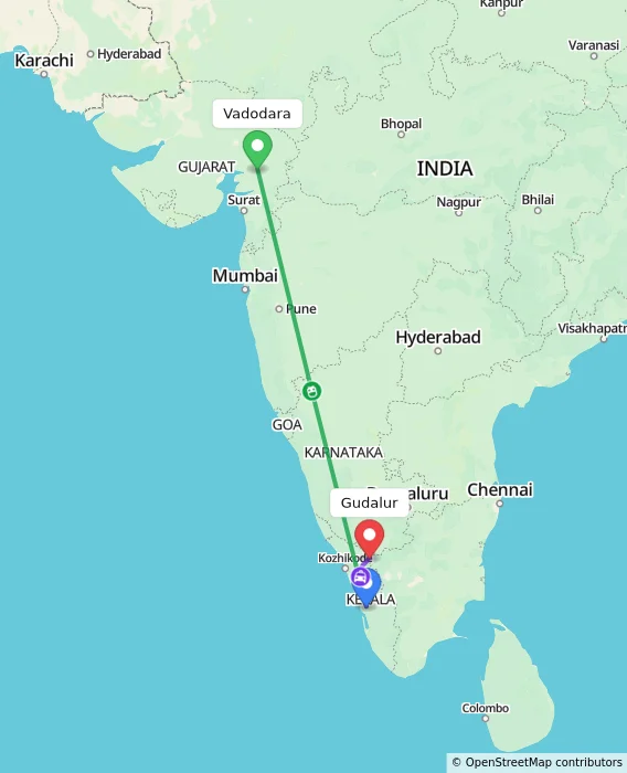 Route map showing distance and travel time from Vadodara, India to Gudalur, India