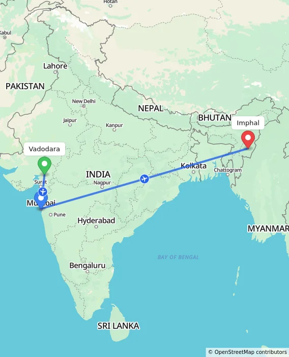 Route map showing distance and travel time from Vadodara, India to Imphal, India