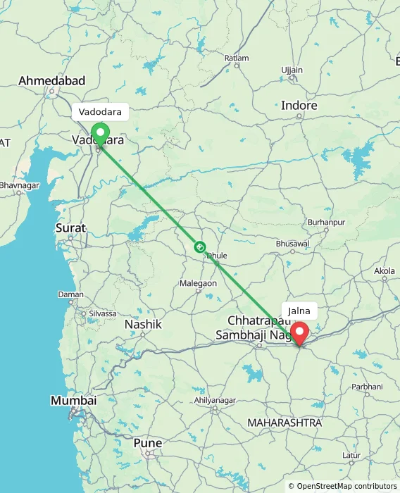 Route map showing distance and travel time from Vadodara, India to Jalna, India