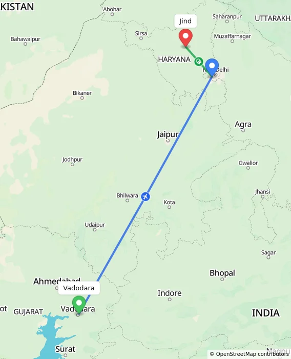 Route map showing distance and travel time from Vadodara, India to Jind, India