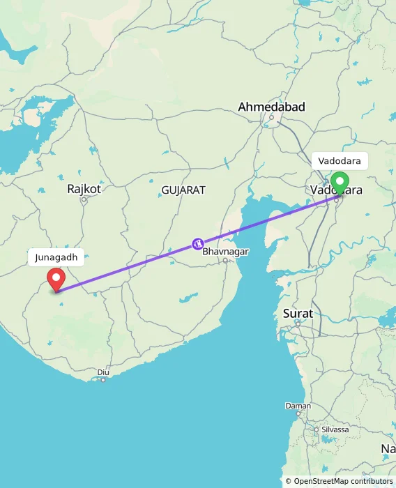 Route map showing distance and travel time from Vadodara, India to Junagadh, India