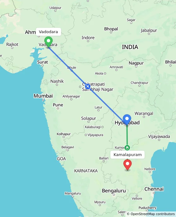 Route map showing distance and travel time from Vadodara, India to Kamalapuram, India
