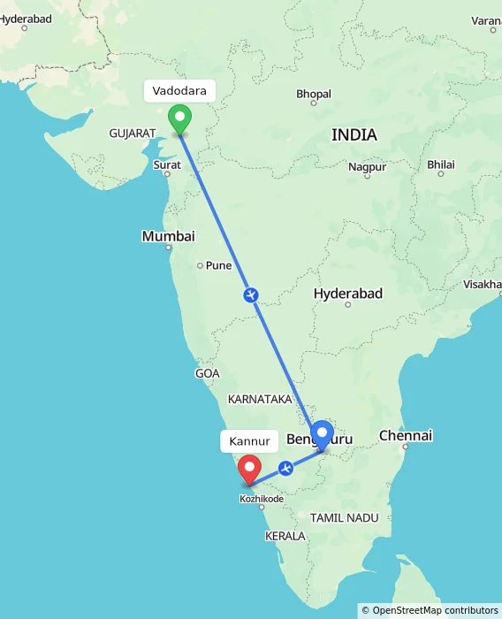 Route map showing distance and travel time from Vadodara, India to Kannur, India