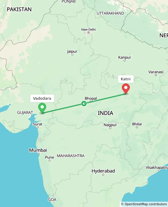 Route map showing distance and travel time from Vadodara, India to Katni, India
