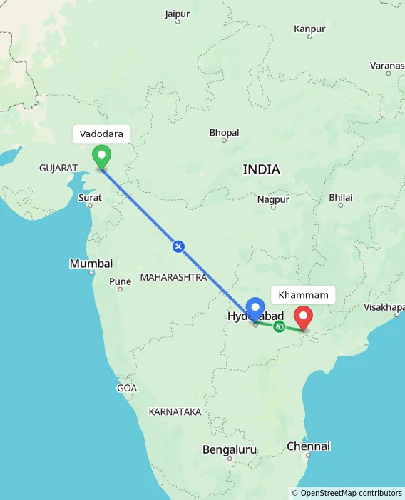 Route map showing distance and travel time from Vadodara, India to Khammam, India