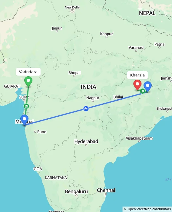 Route map showing distance and travel time from Vadodara, India to Kharsia, India