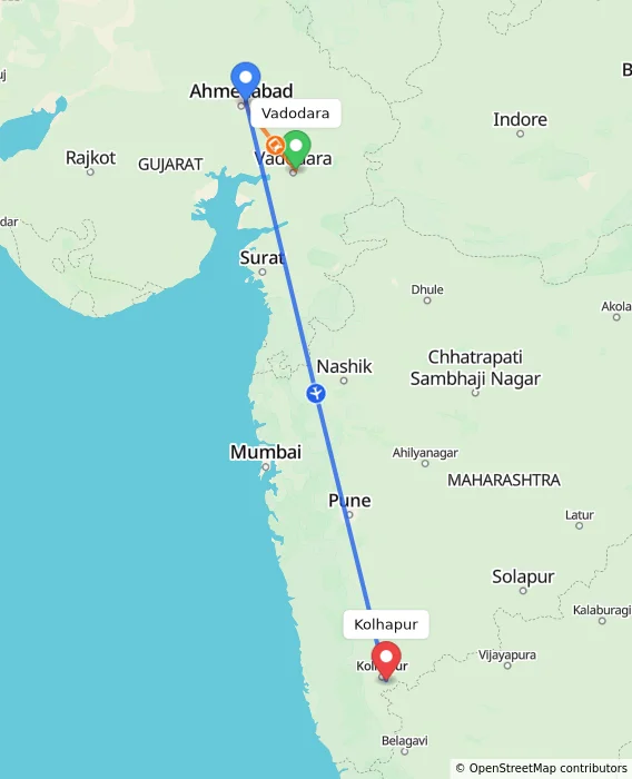 Route map showing distance and travel time from Vadodara, India to Kolhapur, India