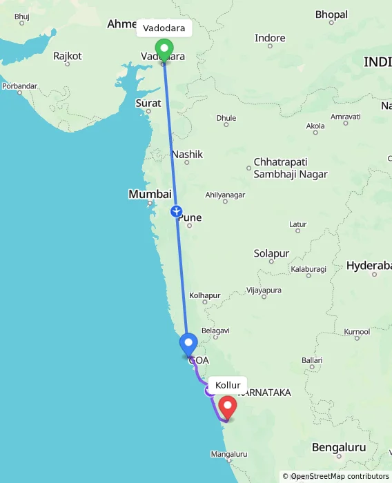 Route map showing distance and travel time from Vadodara, India to Kollur, India