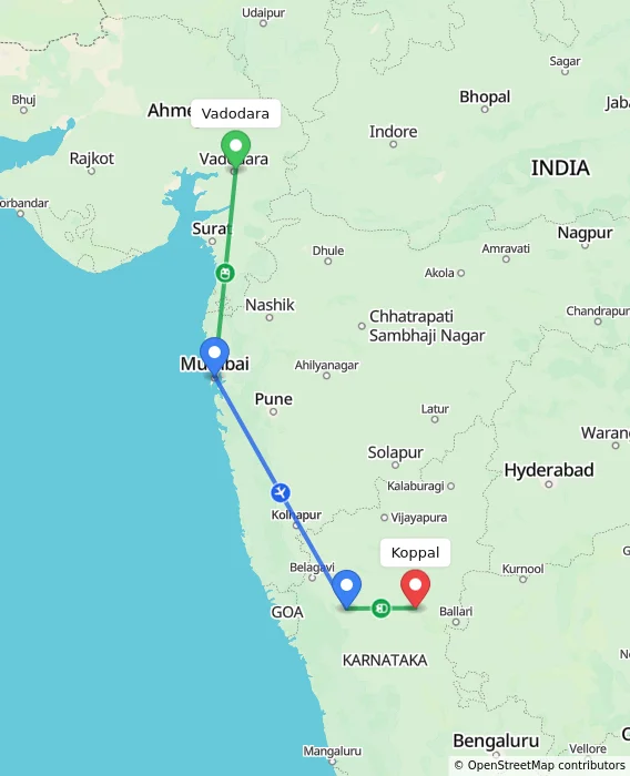 Route map showing distance and travel time from Vadodara, India to Koppal, India