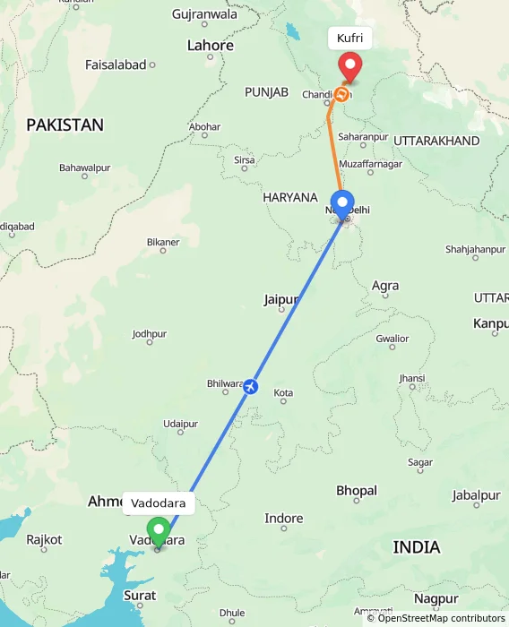 Route map showing distance and travel time from Vadodara, India to Kufri, India