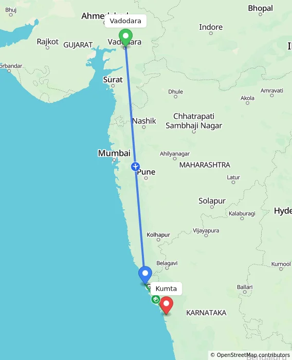 Route map showing distance and travel time from Vadodara, India to Kumta, India