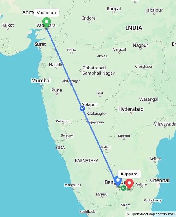 Route map showing distance and travel time from Vadodara, India to Kuppam, India