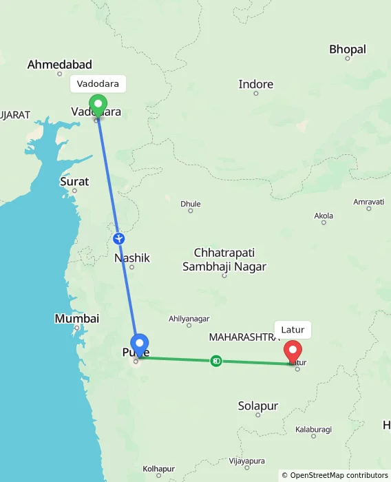 Route map showing distance and travel time from Vadodara, India to Latur, India