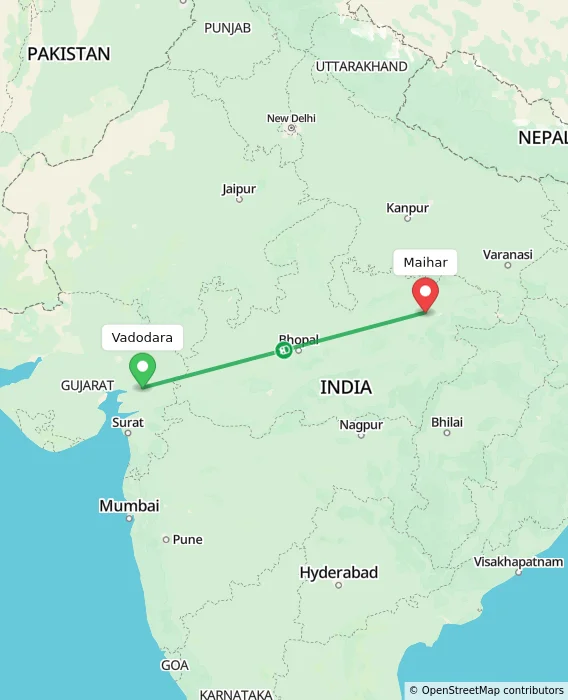 Route map showing distance and travel time from Vadodara, India to Maihar, India
