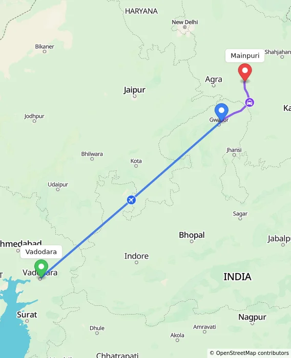 Route map showing distance and travel time from Vadodara, India to Mainpuri, India