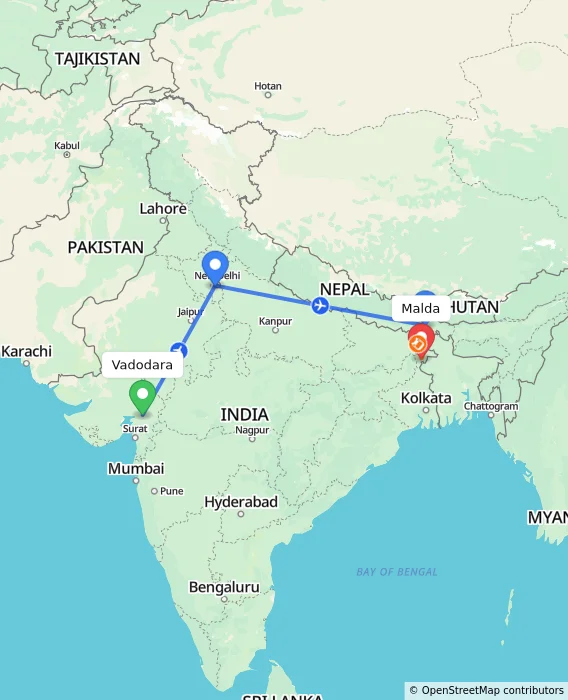 Route map showing distance and travel time from Vadodara, India to Malda, India