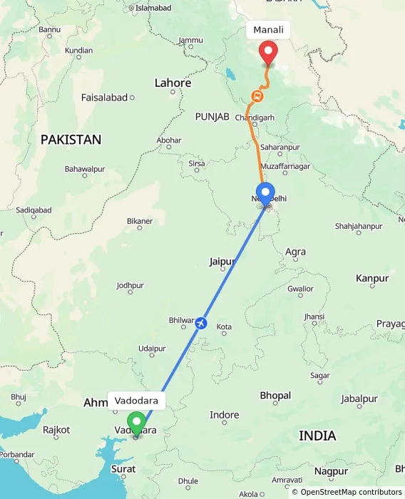Route map showing distance and travel time from Vadodara, India to Manali, India