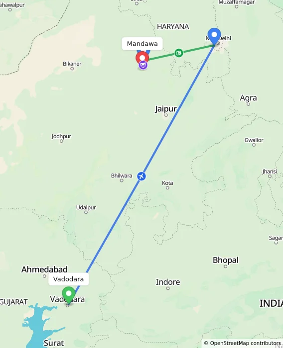 Route map showing distance and travel time from Vadodara, India to Mandawa, India