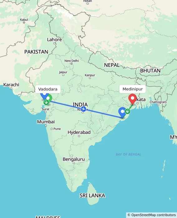 Route map showing distance and travel time from Vadodara, India to Medinipur, India