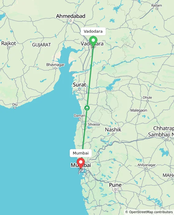 Route map showing distance and travel time from Vadodara, India to Mumbai, India