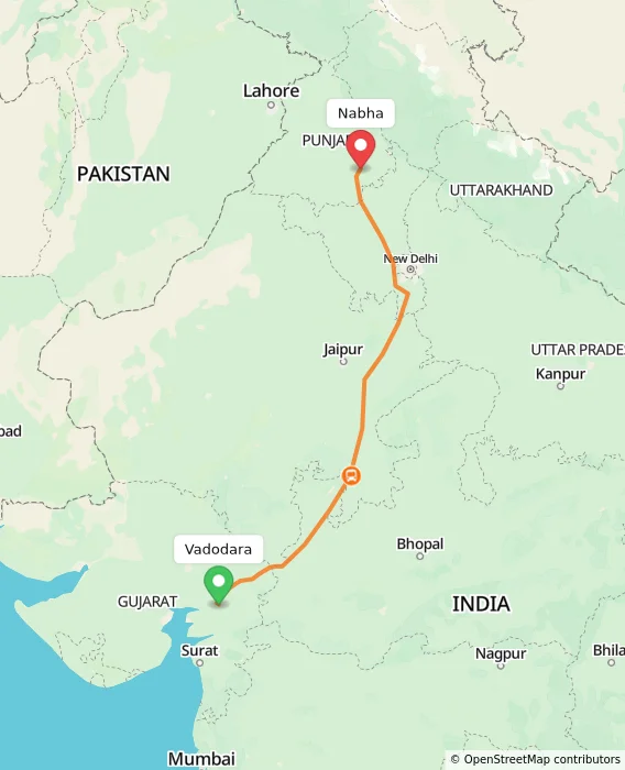 Route map showing distance and travel time from Vadodara, India to Nabha, India