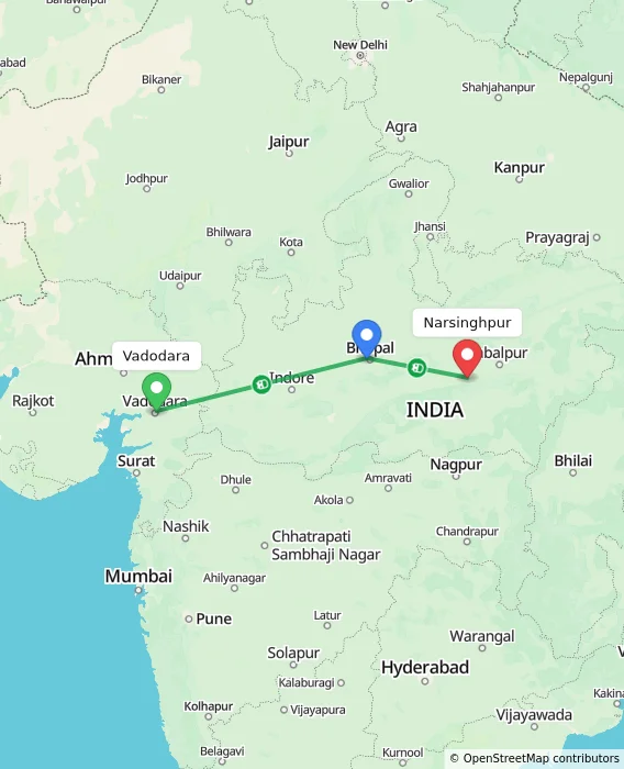 Route map showing distance and travel time from Vadodara, India to Narsinghpur, India