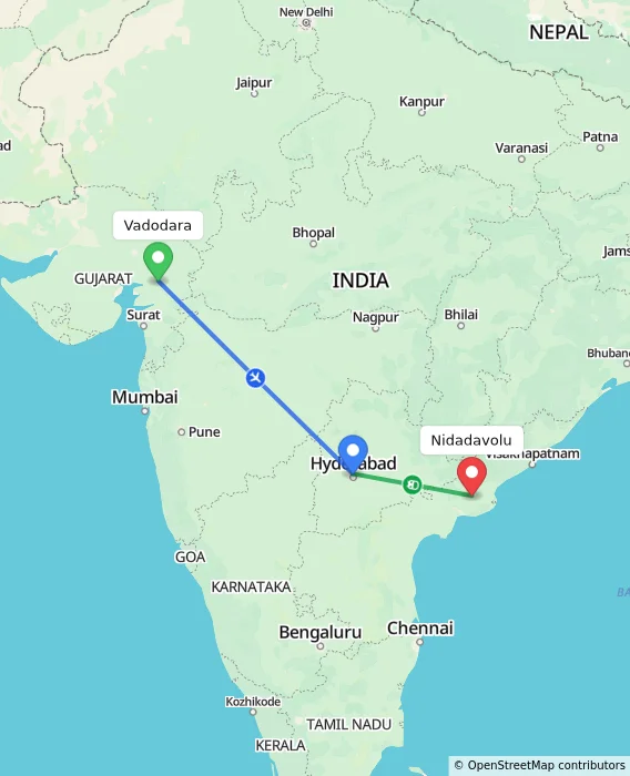 Route map showing distance and travel time from Vadodara, India to Nidadavolu, India