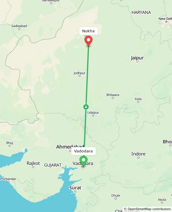 Route map showing distance and travel time from Vadodara, India to Nokha, India