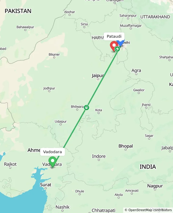 Route map showing distance and travel time from Vadodara, India to Pataudi, India