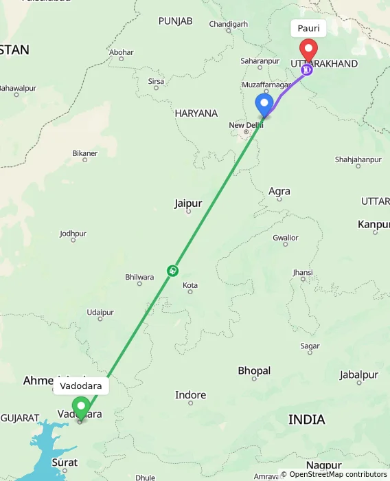 Route map showing distance and travel time from Vadodara, India to Pauri, India
