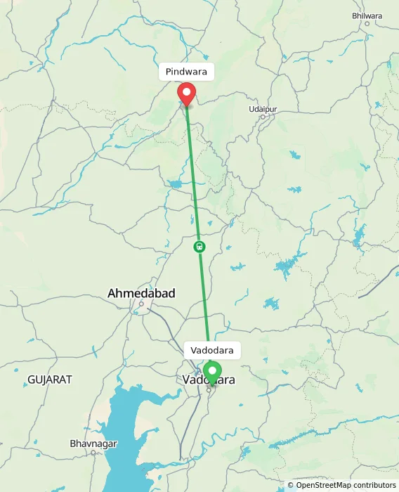 Route map showing distance and travel time from Vadodara, India to Pindwara, India