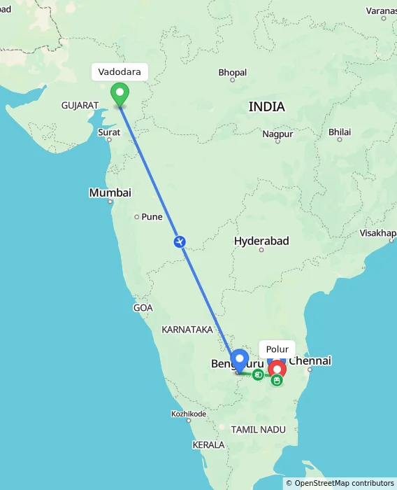 Route map showing distance and travel time from Vadodara, India to Polur, India