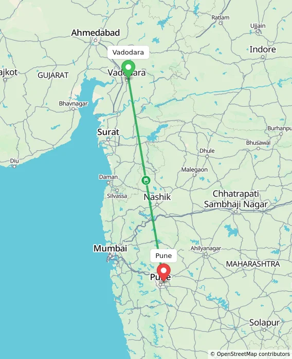 Route map showing distance and travel time from Vadodara, India to Pune, India