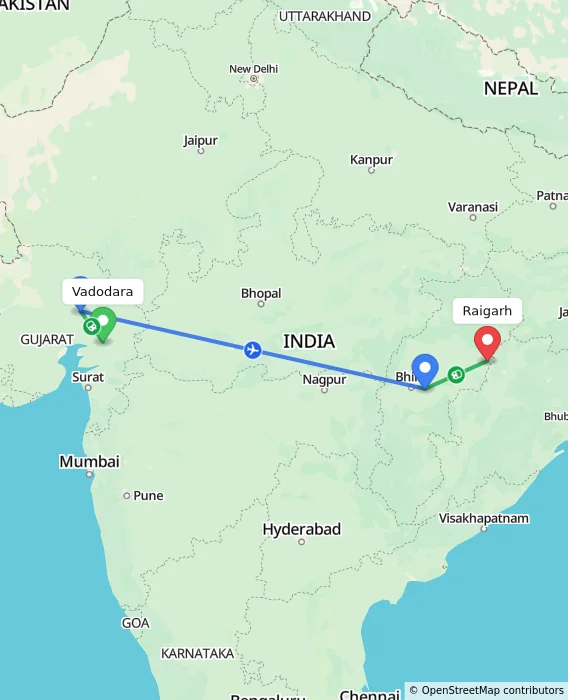 Route map showing distance and travel time from Vadodara, India to Raigarh, India