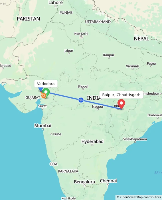 Route map showing distance and travel time from Vadodara, India to Raipur, Chhattisgarh, India
