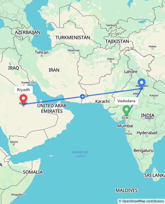 Route map showing distance and travel time from Vadodara, India to Riyadh, Saudi Arabia