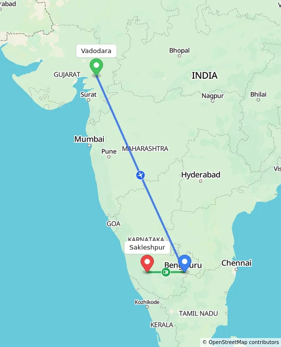 Route map showing distance and travel time from Vadodara, India to Sakleshpur, India