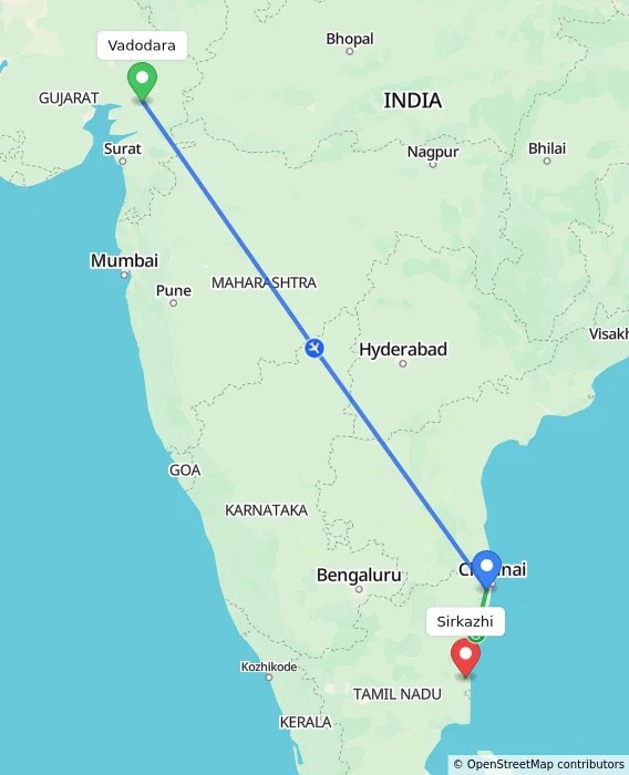Route map showing distance and travel time from Vadodara, India to Sirkazhi, India